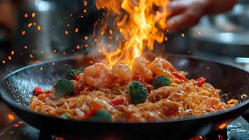 Flames burst from a hot wok as a chef skillfully adds shrimp and fresh vegetables to a fragrant stir fry in a lively restaurant kitchen, creating an appetizing spectacle for diners. photo