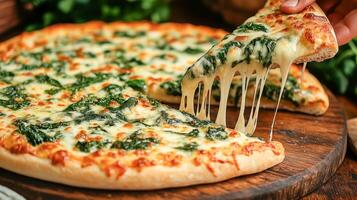 A slice of cheesy spinach pizza is being lifted from a whole pizza on a wooden board. Fresh herbs add color to the background, enhancing the inviting atmosphere of the moment. photo