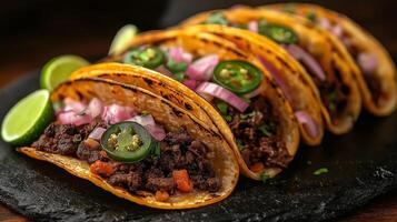 Juicy beef tacos are filled with seasoned meat, topped with onions, jalapenos, and lime wedges, displaying vibrant colors on an elegant black slate surface during a food festival. photo