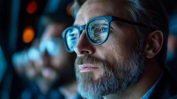 A focused individual examines complex data on multiple screens in a dimly lit office. photo