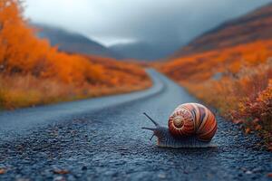 Autumn Journey Snail on Winding Road Through Vibrant Fall Landscape photo