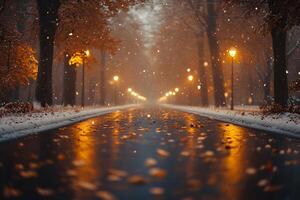 Autumn Evening on a Snow-Dusted Pathway with Glowing Street Lamps photo
