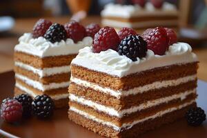Decadent Layered Chocolate Cake with Cream and Berries for Dessert Lovers photo