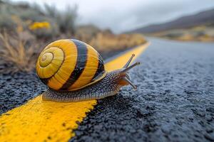 Snail Crossing a Deserted Highway on a Rainy Day - Nature Slow Movement Concept photo