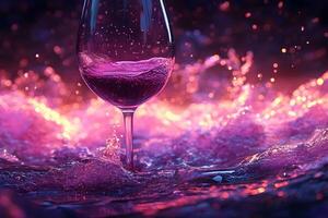 Vibrant Wine Glass Splash in Glowing Pink and Purple Artistic Background photo