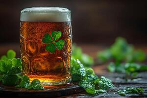 St. Patrick's Day Celebration with Clover-Adorned Beer Mug in Rustic Setting photo