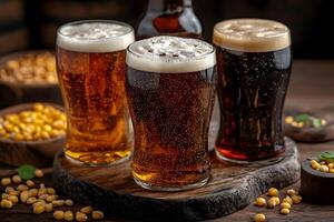 Refreshing Assortment of Craft Beers with Snacks on Rustic Wood Surface photo