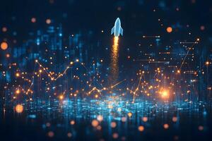 Futuristic Rocket Launching Over Digital Financial Graphs for Innovation and Technology Concepts photo