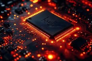 Futuristic Technology Circuit Board with Glowing Microchip for Tech Designs photo