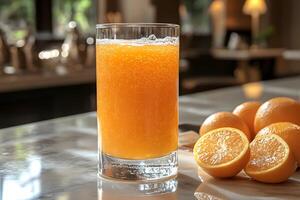 Fresh Orange Juice with Whole and Sliced Oranges on a Marble Countertop photo