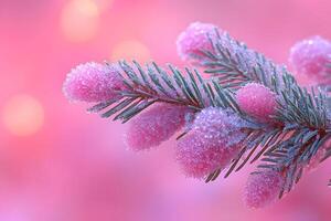 Frosted Pine Branch with Pink Bokeh Background for Winter Holiday Decor photo