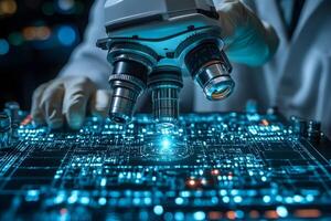 Advanced Technology in Science Close-Up of Microscope on Circuit Board for Innovation and Research photo