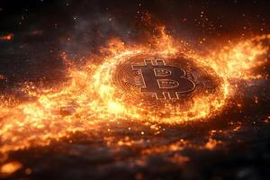 Fiery Bitcoin Symbol Amidst Flames - Cryptocurrency and Blockchain Concept for Digital Finance Design photo