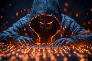 Cybersecurity Threat Concept with Futuristic Hacker in Digital Landscape for Technology Design photo