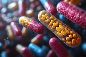 Close-Up of Colorful Capsules with Bacteria for Medical and Scientific Research photo