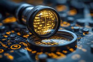 High-Tech Visualization Futuristic Circuit Board with Magnifying Glasses photo