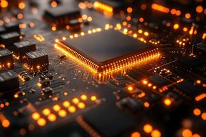 High-Tech Circuit Board with Glowing Microchip - Electronic Innovation and Design photo