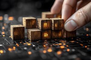 Futuristic Technology Concept with Wooden Blocks and Digital Circuitry for Innovation Design photo