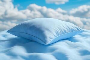 Soft Blue Pillow Floating on Fluffy Clouds Under a Bright Sky - Dreamlike Serenity photo