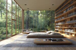 Serene Modern Library with Forest View in Elegant Minimalist Home Design photo