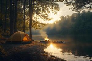 Serene Lakeside Camping at Sunset in Forest Setting for Outdoor Adventure and Relaxation photo
