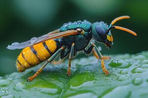 Close-up of a Vibrant Jewel Wasp on Dew-Covered Leaf in Nature's Detail Study photo