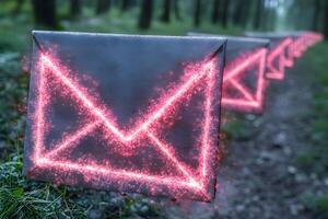 Digital Communication Concept Glowing Envelope Icons in Forest Pathway Scene for Technology Design photo