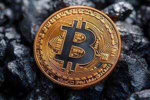 Bitcoin Cryptocurrency Concept with Gold Coin on Coal, Symbolizing Digital Economy and Blockchain Technology photo