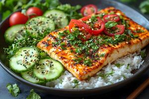Grilled Tofu with Fresh Vegetables on Rice Healthy Vegan Meal for Food Photography photo