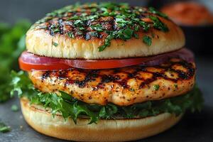 Grilled Chicken Burger with Herbed Bun and Fresh Vegetables for Gourmet Dining photo
