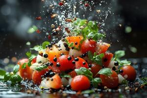 Fresh Tomato and Basil Salad Splash with Mozzarella, Pepper, and Herb Garnish photo