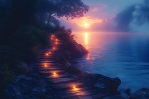 Tranquil Sunset Pathway by the Lake with Lanterns - Serene Nature Scene for Wall Art photo