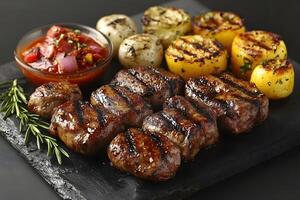 Grilled Gourmet Platter Featuring Juicy Steaks and Charred Vegetables for Culinary Delight photo