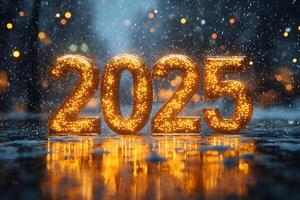 New Year's Eve 2025 Celebration with Glittering Numerals in Winter Wonderland Setting photo