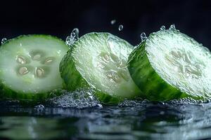 Refreshing Sliced Cucumbers with Water Droplets for Health and Hydration Concepts photo