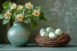 Spring Decor Floral Arrangement with Easter Eggs in a Rustic Nest for Home Design photo