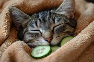 Cozy Cat Relaxing with Cucumber Wellness Concept for Tranquil Design photo