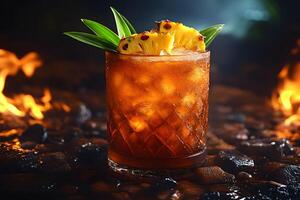 Tropical Cocktail with Pineapple Garnish Amidst Fiery Ambience for Exotic Dining and Dessert Menus photo