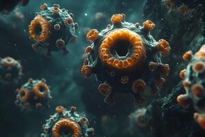 Microscopic View of Viral Particles in Deep Ocean Environment for Scientific Illustration photo