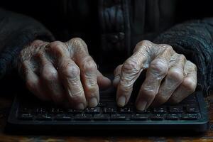 Senior Hands Typing on Keyboard Aging and Technology Connection for Educational Use photo