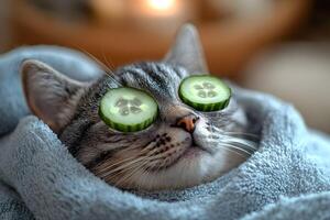 Relaxed Cat Wrapped in Towel Enjoying Spa with Cucumber Slices on Eyes photo