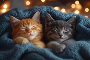 Cozy Pair of Sleeping Kittens under Warm Blanket with Twinkling Lights in Background photo