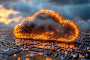 Glowing Orange Cloud Computing Concept on Circuit Board Background for Technology Innovation Design photo