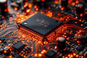High-Tech Circuit Board with Glowing Microchip for Futuristic Technology Design photo