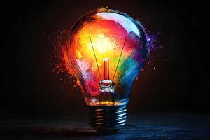 Creative Explosion Concept with Vibrant Colors Inside a Light Bulb for Imaginative Design photo