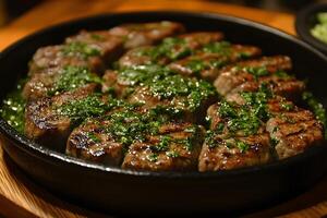 Savory Grilled Steak with Chimichurri Sauce in Cast Iron Skillet for Culinary Presentation photo