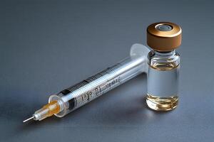 Medical Syringe and Vaccine Vial on Gray Surface for Healthcare and Immunization photo