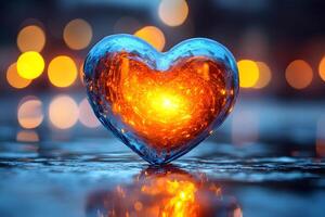Heart Shaped Glass with Fiery Core Against a Bokeh Background - Symbol of Passion and Contrast photo