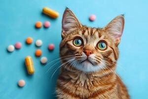 Curious Tabby Cat Surrounded by Colorful Pills on Blue Background for Veterinary Concept photo