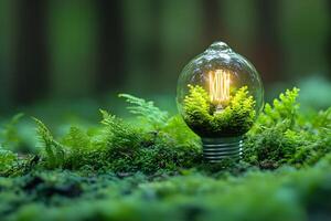 Eco Innovation Concept Lightbulb with Greenery Indoors for Sustainability Design photo